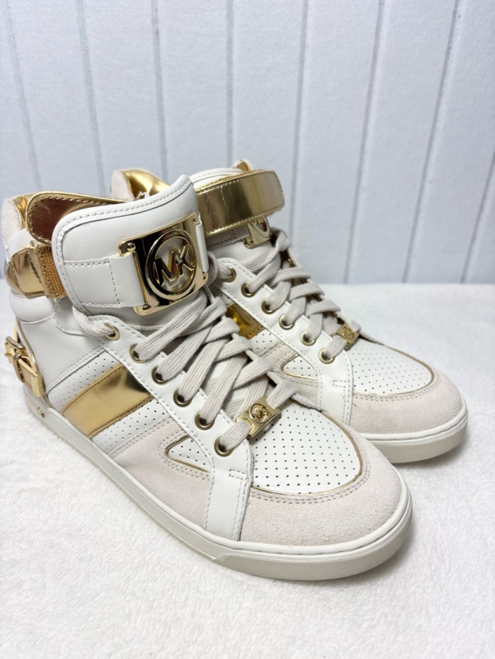 Michael Kors White and Gold High Top Sneakers with MK Hardware Size 9